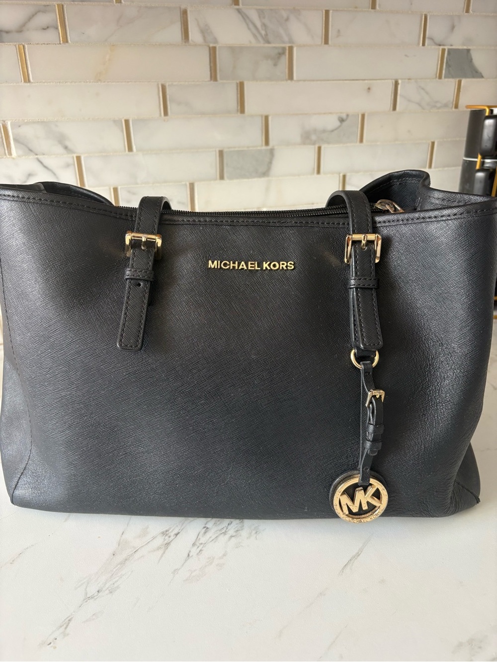 Michael Kors Black Leather Tote with Gold MK Charm
